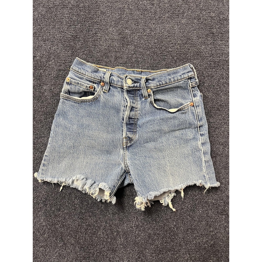Levis 501 Premium Shorts Womens 30 Blue Denim High Rise Cutoff Frayed Hem Jean
